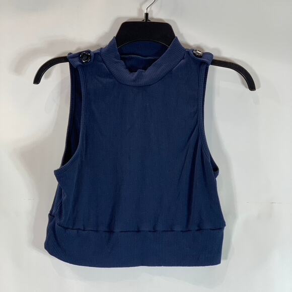 MOTF Women's Navy Sleeveless Ribbed Mock Neck Crop Top SZ L - Picture 1 of 10